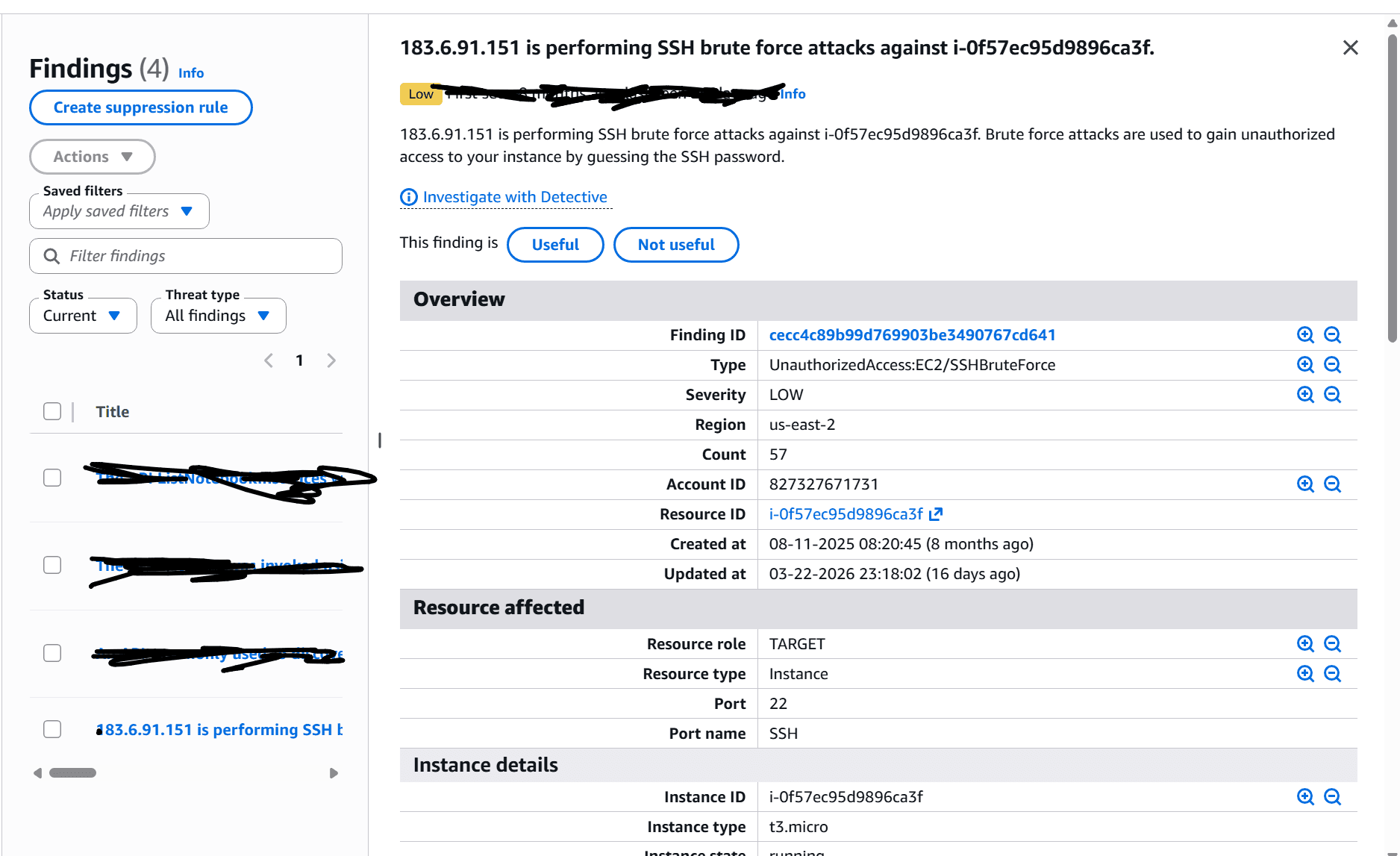 AWS GuardDuty finding: SSH brute force attack from 183.6.91.151 (Guangzhou, China) targeting my EC2 instance. 57 attempts detected over several months. This is a real attack that was caught and logged by the detection pipeline.